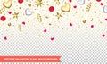 Valentines day of hearts and gold glitter confetti or flowers on transparent background. Vector Valentine holiday design pattern Royalty Free Stock Photo