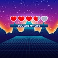 Valentines Day hearts of love themed retro game card with 80s styled neon landscape and life loading status bar