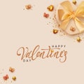 Valentines Day holiday card. Background with realistic gift box. Romantic present. beige boxes with lush ribbon bow, gift surprise Royalty Free Stock Photo