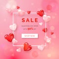 Valentines day holiday offer. Web banner with white frame decorated hearts. Vector