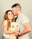 Valentines day holiday. Soft toy teddy bear gift. Man and woman couple in love. Romantic surprise. Man and pretty girl