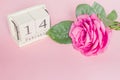 Valentines day and holidays concept - close up of wooden calendar with 14th february date,  and pink rose on pink background Royalty Free Stock Photo