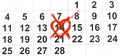 Valentines day and Holidays concept. Unhappy love. February 14th crossed out on the calendar. Close up Royalty Free Stock Photo