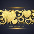 Valentines Day horizontal background with shining golden heart, stars, balls and confetti. Holiday card illustration on Royalty Free Stock Photo