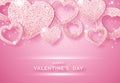 Valentines Day horizontal background with shining pink hearts, balls and confetti. Holiday card illustration on pink