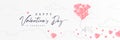 Valentines day horizontal banner with pink paper hearts and cupid on white sky background. Cute style love postcard with flying