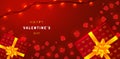 Valentines Day horizontal banner with rose petals, gift boxes and garlands. Greeting card illustration on red background. Royalty Free Stock Photo