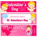 Valentines day horizontal banners. Invitations, flyers with cute cartoon Cupids characters. Promo, tickets for party, dating night