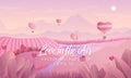 Valentines day horizontal vector background with air ballons in the sky, medow, mountains, river and forest in pink colours and gr