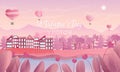 Valentines day horizontal vector background with air ballons in the sky, medow, mountains, river,forest and town in pink colours a Royalty Free Stock Photo