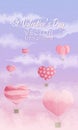 Valentines day horizontal vector background with air ballons in the sky with stars and clouds in pink and violet colours and grain Royalty Free Stock Photo