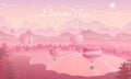 Valentines day horizontal vector background of landscape with air ballons in the sky, medow, mountins and forest in pink colours a Royalty Free Stock Photo