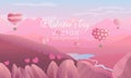 Valentines day horizontal vector background with landscape and with air ballons in the sky,mountains, river and forest in pink col Royalty Free Stock Photo