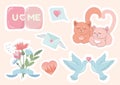 valentines day icon set. heart, romantic and love symbols. isolated vector images in flat style, flowers, cats, doves