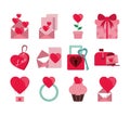 Valentines day, icons set with envelope message heart love ring romantic design