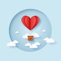 Valentines day, Illustration of love, red folded heart hot air balloon flying in the sky in circular frame,paper art style Royalty Free Stock Photo