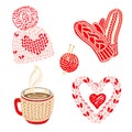 Valentines day illustration with warm knitted accessories: hat with pom pom, mittens and snood scarf. Red hot cocoa or coffee cup.