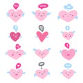 Valentines day illustration, winged hearts with emoji faces