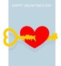 Valentines day. Key to heart. Large complex key opens keyhole in