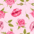 Valentines Day. lips and roses. Elegant English pink roses seamless pattern, vintage style. For weddings, wallpaper