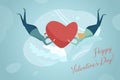 Valentines Day of Love Greeting Card vector design template. Couple in Love holding Heart and Flying on azure background abstract Royalty Free Stock Photo