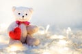 Valentines Day. Love heart. Teddy Bears in embrace, hugging. Han