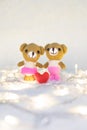 Valentines Day. Love heart. Teddy Bears in embrace, hugging. Han