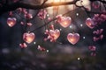 Valentines Day Love. Intertwined Hearts Amidst Delicate Flowers and Sparkling Lights