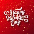 Valentines Day Love Oblique Lettering With Golden Confetti. February 14 Handwritten Romantic Greeting Card Text. Vector Royalty Free Stock Photo