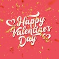 Valentines Day Love Oblique Lettering With Golden Confetti. February 14 Handwritten Romantic Greeting Card Text. Vector Royalty Free Stock Photo