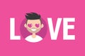 Valentines day. Love sign. Cute cartoon boy with heart-shaped eyes falling in love / Editable flat vector illustrated sign