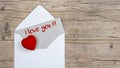 Valentines day love wedding greeting card concept banner. Envelope, card with text, I love you !!! and key with red heart on Royalty Free Stock Photo