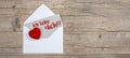 Valentines day love wedding greeting card concept banner. Envelope, card with text, I love you !!! and key with red heart on Royalty Free Stock Photo