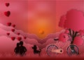 Valentines day with man and woman in love and watching the sunset on background. paper art style. vector illustration Royalty Free Stock Photo