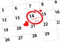 Valentines Day marked by red marker line on a calendar. 14 February on a calendar Royalty Free Stock Photo