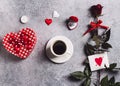 Valentines day marry me wedding engagement ring box with red rose gift cup coffee