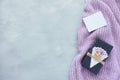 Valentines day mockup. gift box with empty white card and lilac knitted sweater. Black paper present box with heart, lace Royalty Free Stock Photo