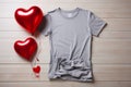 Valentines Day mockup Gray t shirt, heart balloons, wooden background, copy space