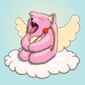 Valentines Day, Mythical Yawning Cupid Pink Cat Tired on the Cloud with Cupid Arrow and Bow