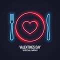 Valentines day neon menu. Fork and knife with plate neon banner