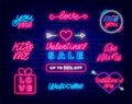 Valentines day neon signboard set. Love text. Kiss me. Be mine calligraphy. Isolated vector stock illustration Royalty Free Stock Photo