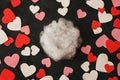Valentines day newborn background - flower bed with white, pink, red hearts on burgundy backdrop Royalty Free Stock Photo