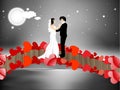 Valentines Day night background with newly married couple dancing on a love bridge. EPS 10. Royalty Free Stock Photo