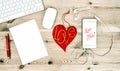 Valentines Day Office Desk Red Heart Mobile Phone Royalty Free Stock Photo