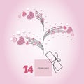 Valentines Day. Open music box. 14 FEBRUARY. Greeting card with hearts and musical notes.