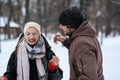 Valentines day outdoors celebration date ideas. Winter love story. Cold season dating for couples. Young couple in love Royalty Free Stock Photo