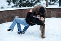 Valentines day outdoors celebration date ideas. Winter love story. Cold season dating for couples. Young couple in love Royalty Free Stock Photo