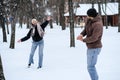 Valentines day outdoors celebration date ideas. Winter love story. Cold season dating for couples. Young couple in love Royalty Free Stock Photo