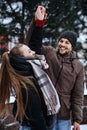 Valentines day outdoors celebration date ideas. Winter love story. Cold season dating for couples. Young couple in love Royalty Free Stock Photo