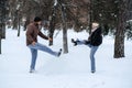 Valentines day outdoors celebration date ideas. Winter love story. Cold season dating for couples. Young couple in love Royalty Free Stock Photo